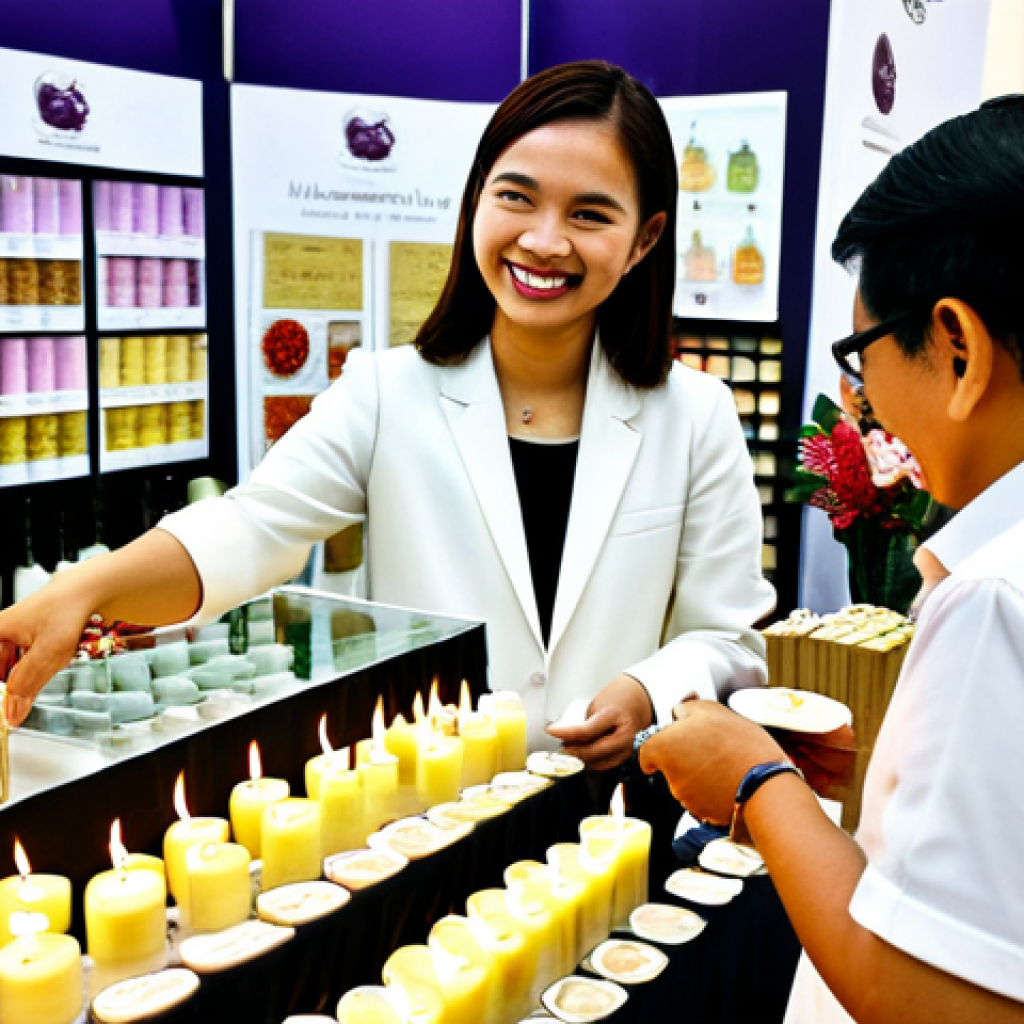 **

"A brightly lit and bustling booth at the Malaysia Candle Expo 2024, filled with a diverse range of handcrafted candles in decorative jars and containers. Attendees, fully clothed and smiling, are examining the candles and talking with the booth owner.  Include sample wax melts and brochures on the display table. Focus on the craftsmanship and variety of candle designs, incorporating local Malaysian-inspired scents like pandan or hibiscus. Professional photography, high quality, perfect anatomy of the people, natural proportions, safe for work, appropriate content, fully clothed, family-friendly."

**