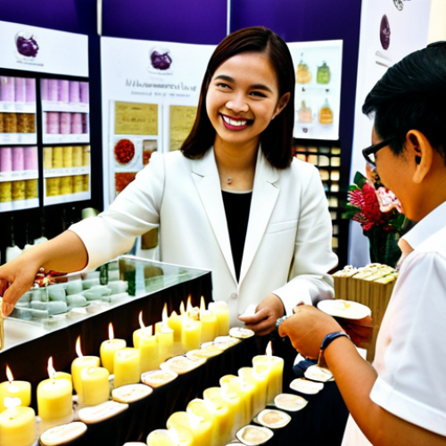 Home 4 **
"A brightly lit and bustling booth at the Malaysia Candle Expo 2024, filled with a diverse range of handcrafted candles in decorative jars and containers. Attendees, fully clothed and smiling, are examining the candles and talking with the booth owner. Include sample wax melts and brochures on the display table. Focus on the craftsmanship and variety of candle designs, incorporating local Malaysian-inspired scents like pandan or hibiscus. Professional photography, high quality, perfect anatomy of the people, natural proportions, safe for work, appropriate content, fully clothed, family-friendly."
**