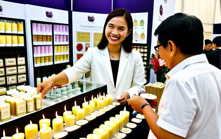 **
"A brightly lit and bustling booth at the Malaysia Candle Expo 2024, filled with a diverse range of handcrafted candles in decorative jars and containers. Attendees, fully clothed and smiling, are examining the candles and talking with the booth owner. Include sample wax melts and brochures on the display table. Focus on the craftsmanship and variety of candle designs, incorporating local Malaysian-inspired scents like pandan or hibiscus. Professional photography, high quality, perfect anatomy of the people, natural proportions, safe for work, appropriate content, fully clothed, family-friendly."
**